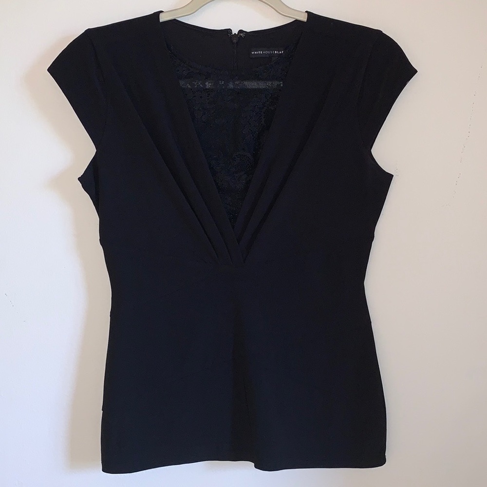 NWOT White House Black Market Lace Inset V Neck Short Sleeve Shirt